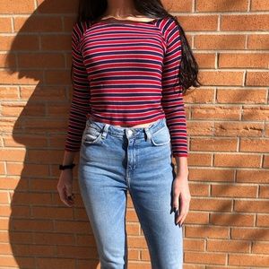 Red and Blue Striped Boat Neck Knit Top